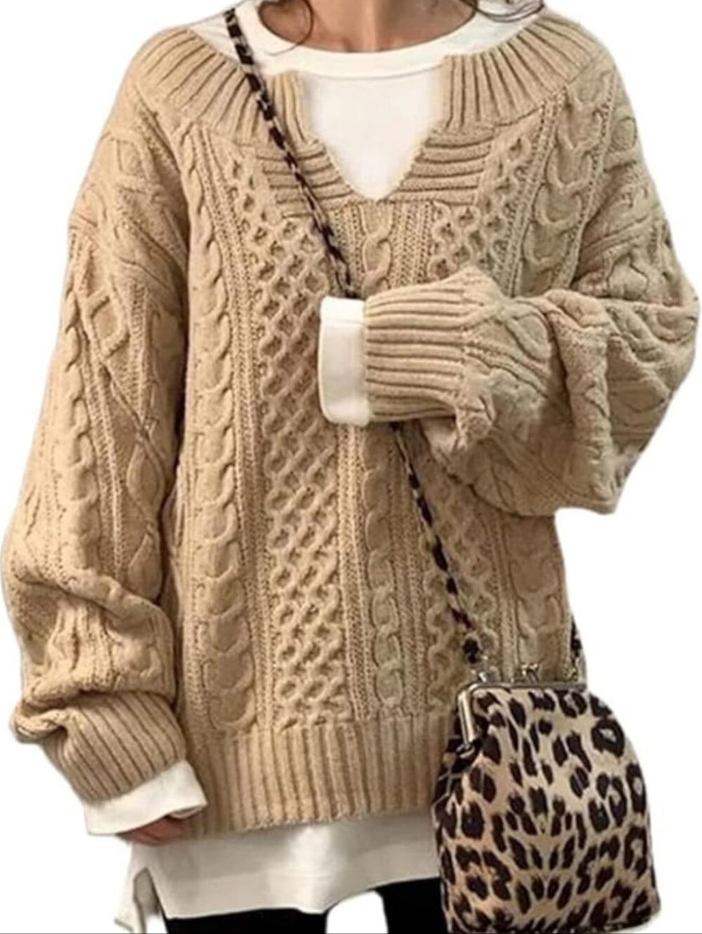 Relaxed Cable-Knit V-Neck Sweater - Beige